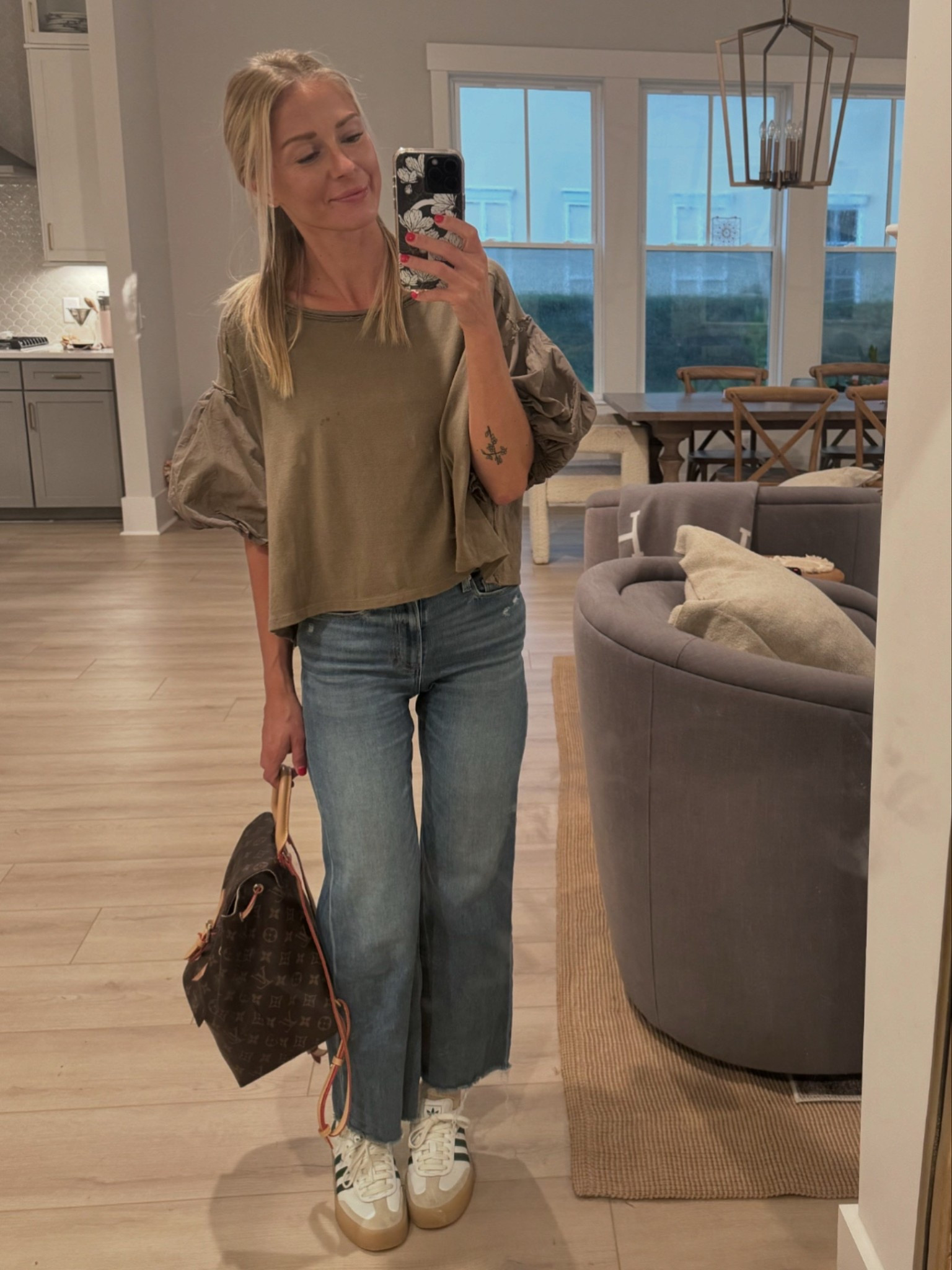 Jeans and top run TTS. Wearing a 24 and XS. Free people, Paige jeans, adidas 