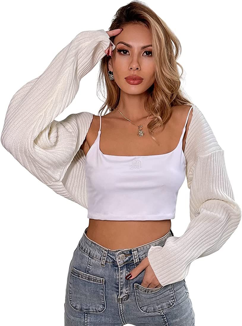 SheIn Women's Long Sleeve Open Front Crop Cardigan Drop Shoulder Shrug Ribbed Knit Bolero Sweater | Amazon (US)
