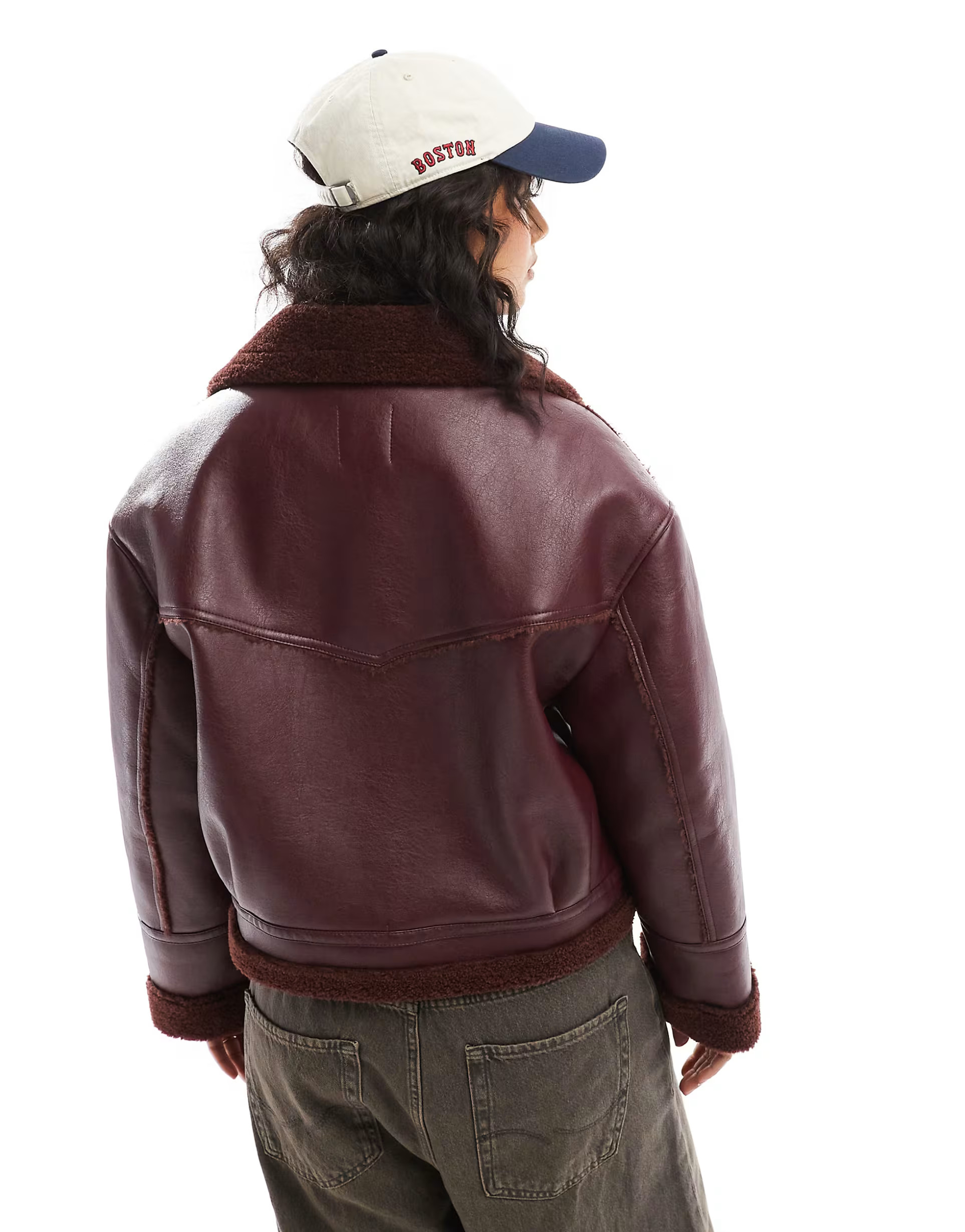 Bershka shearling oversized jacket in burgundy | ASOS | ASOS (Global)