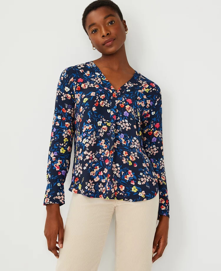 Floral Mixed Media Pleat Front Top | Ann Taylor (US)