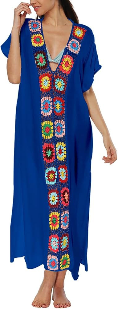 Bsubseach Women Floral Patchwork V Neck Bathing Suit Cover Up Short Sleeve Beach Dress | Amazon (US)