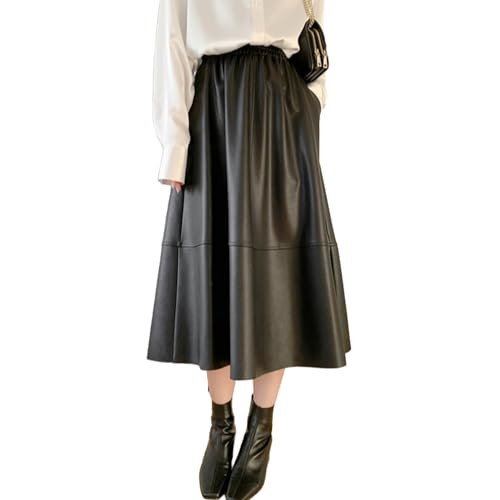 Women's Faux Leather Skirt Retro High Waisted Pleated Long A-line Midi Skirt with Pockets Black | Amazon (US)