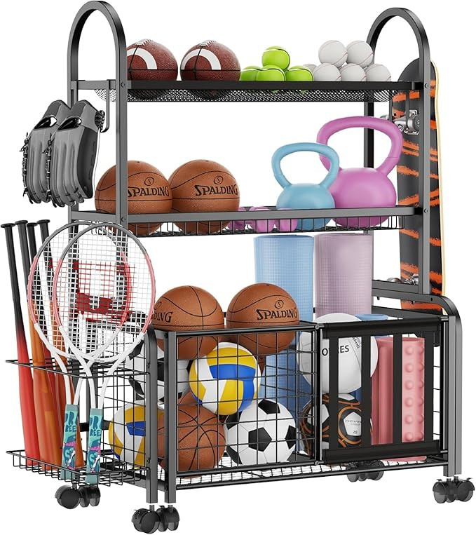 Garage Ball Storage, 2 in 1 Sports Equipment Organizer, Garage Organizer with Basket and Hooks, I... | Amazon (US)