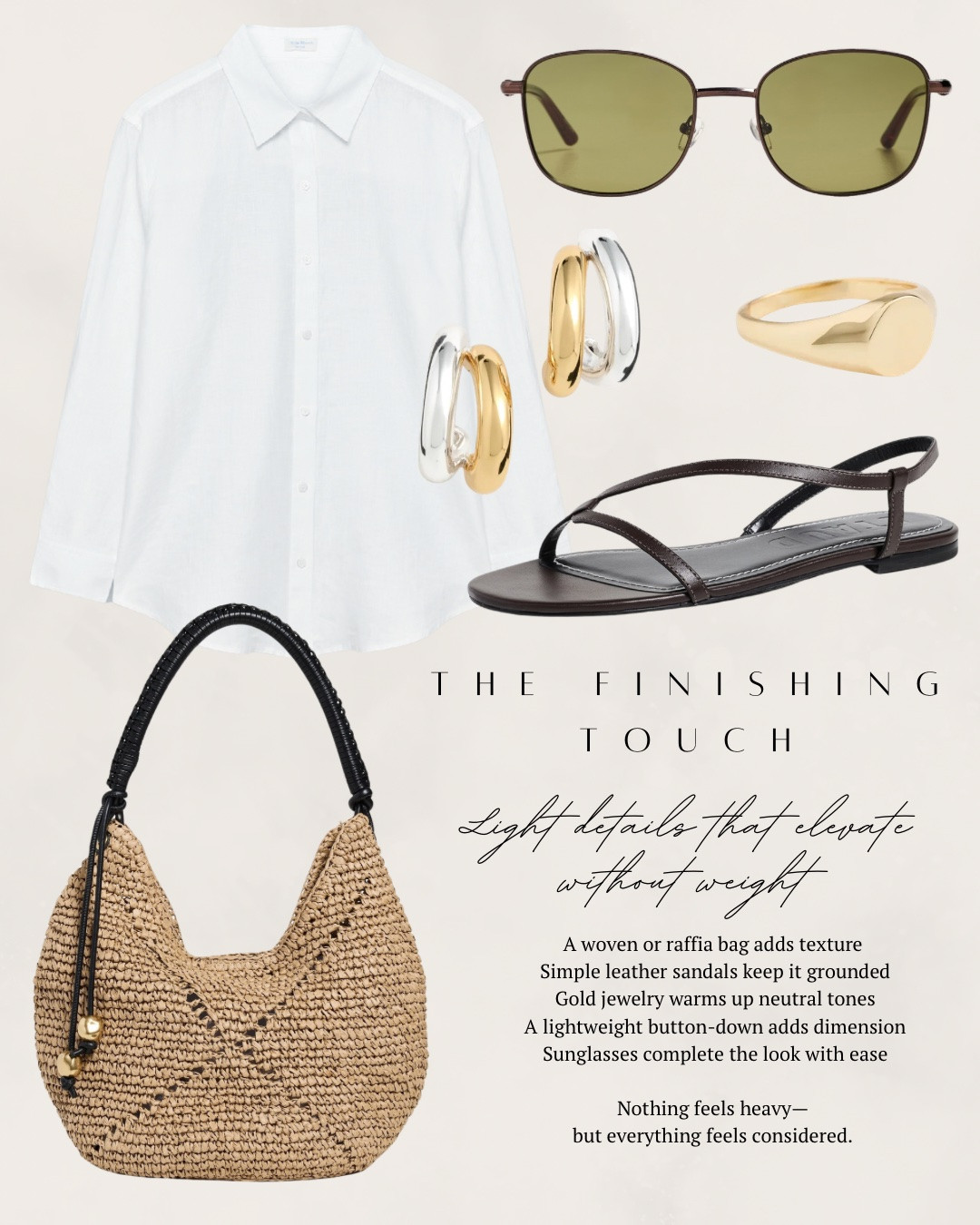 The finishing touch—I have some amazing accessories to finish off any outfit for this summer! All of these picks are so chic—I have a button down shirt, raffia bag, sandals, sunglasses and gold and silver jewelry. Then I have two beautiful raffia bags at different price points. All items linked ⬆️

#ltkcreator #ltkfinds #ltkwatchnow #aritzia #shopbop #revolve #chloe #raffiabag #sandals #summer #summeroutfits

#LTKgrwm #LTKmorningroutine #LTKSeasonal