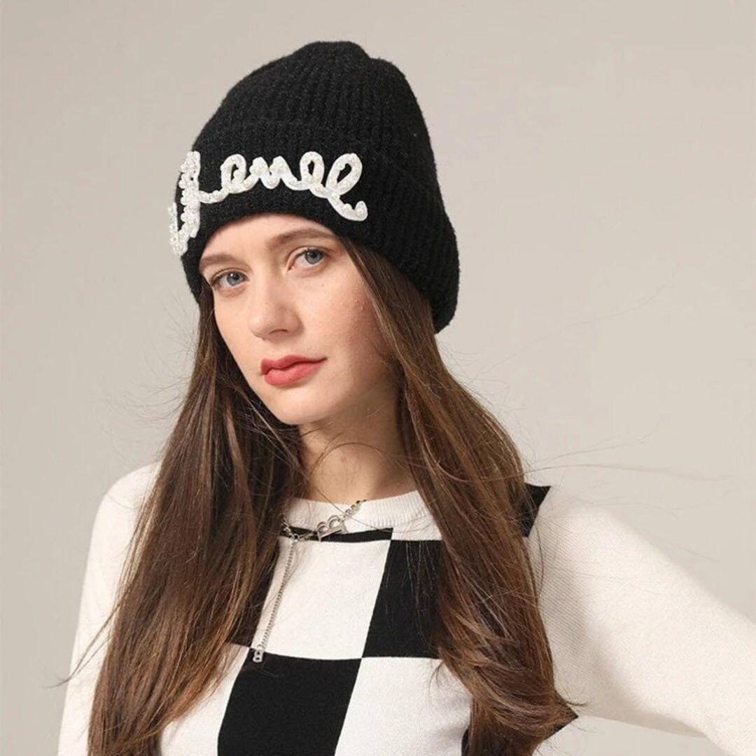 Hamdmade Pearl Letter applied Knitted winter Beanie Soft Elastic Cap Solid Sport Bonnet Winter Wa... | Etsy (US)