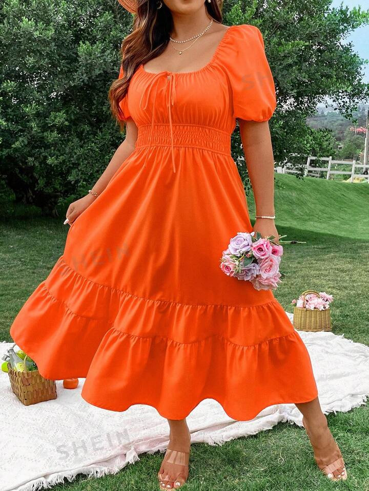 SHEIN WYWH Plus Size Puff Short Sleeve Shirred Waist Dress | SHEIN