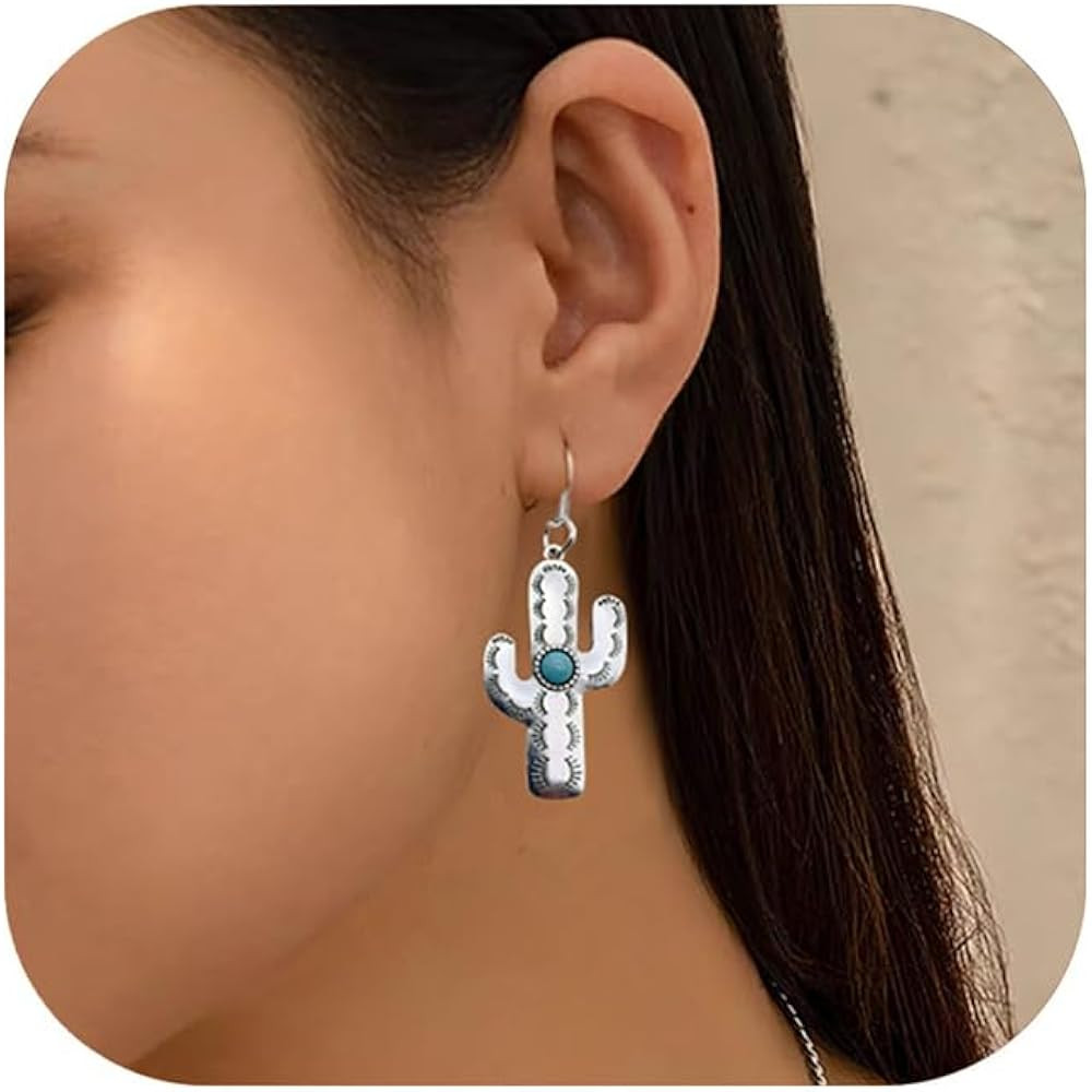 Boho Cactus Earrings for Women Silver Turquoise Cactus Drop Earring Western Plant Dangle Earrings | Amazon (US)