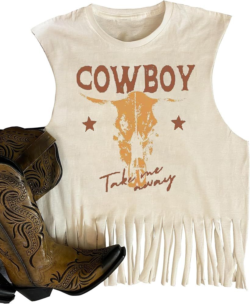 Take Me Away Western Tanks Top Women Country Music Cowboy Cattle Skull Vest Tee Vintage Sleeveles... | Amazon (US)