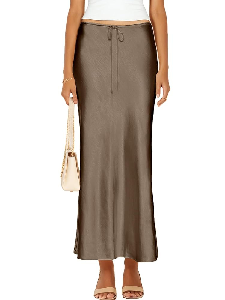 Womens Satin Silk Maxi Skirts Drawstring Flared Casual A-Line Long Skirt for Women | Amazon (US)