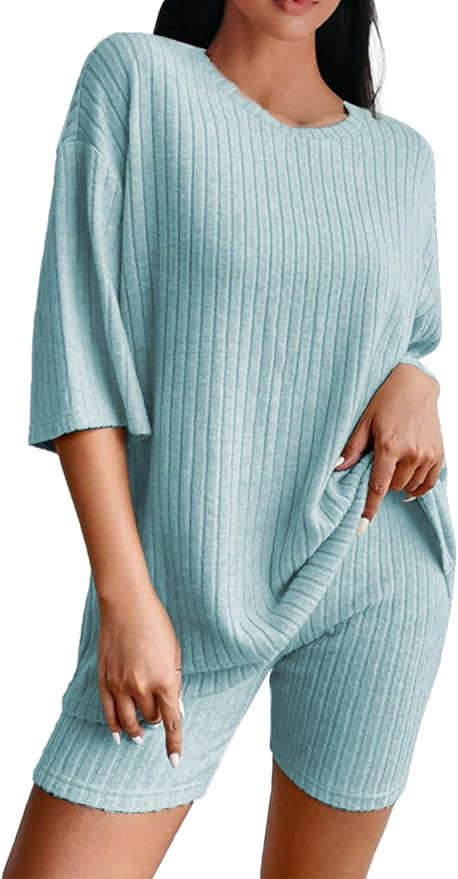 Hongsui Women Two Piece Ribbed Knit Outfits Casual Oversized T-Shirt Biker Shorts Loungewear Swea... | Amazon (US)