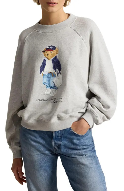 Polo Ralph Lauren Polo Bear Lightweight Fleece Crewneck Sweatshirt in Light Smoke Heather at Nordstrom, Size Large | Nordstrom