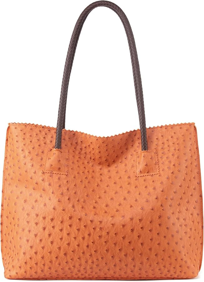 Milan Chiva Tote Bag for Women with Zipper Large Ostrich Vegan Leather Shoulder Purses and Handba... | Amazon (US)