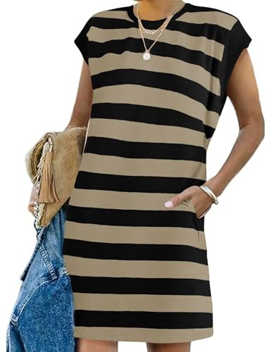Naggoo Striped Dress for Women Summer Dress Sleeveless Color Block Tee Shirt Dress with Pockets Black M | Amazon (US)
