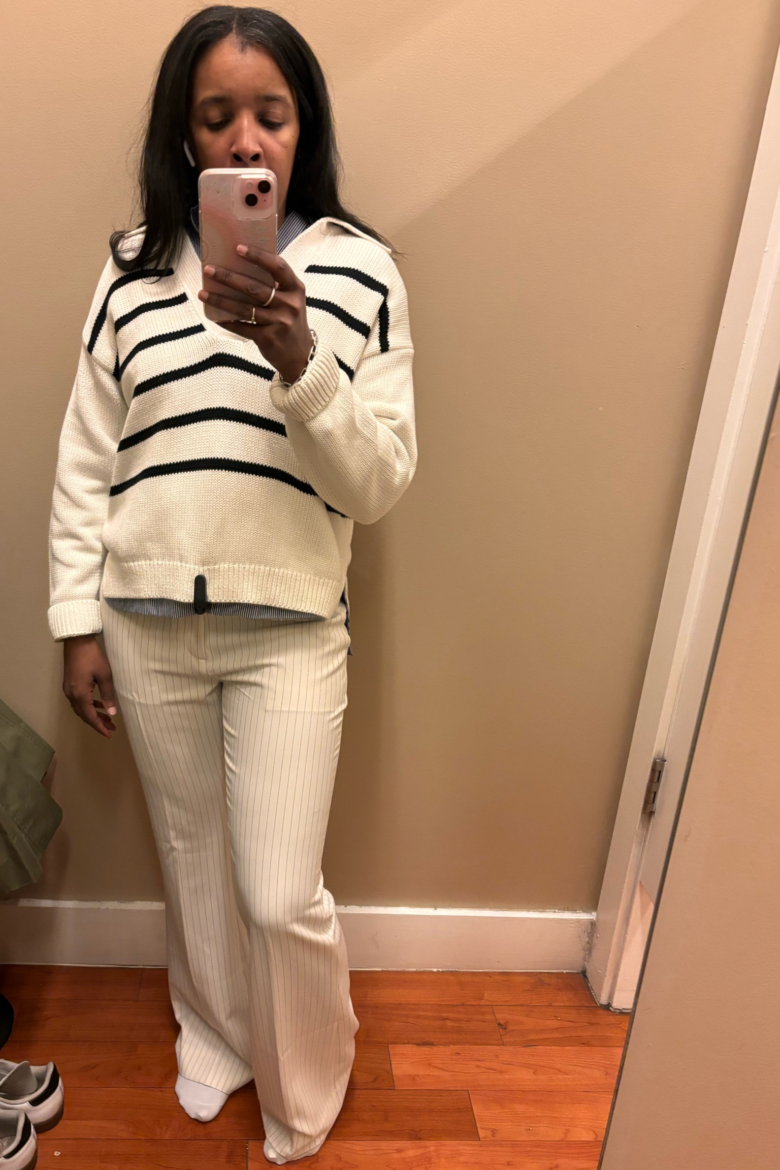 Slim fit leg pinstriped pants stripe sweater 50% off sale #pants #spring #sale 

#LTKworkwear #LTKsalealert #LTKstyletip