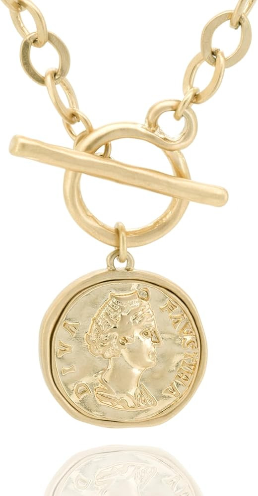Chunky Gold Coin Pendant Necklace Trendy Layered Statement Chain for Women, Antique Toggle Design... | Amazon (US)