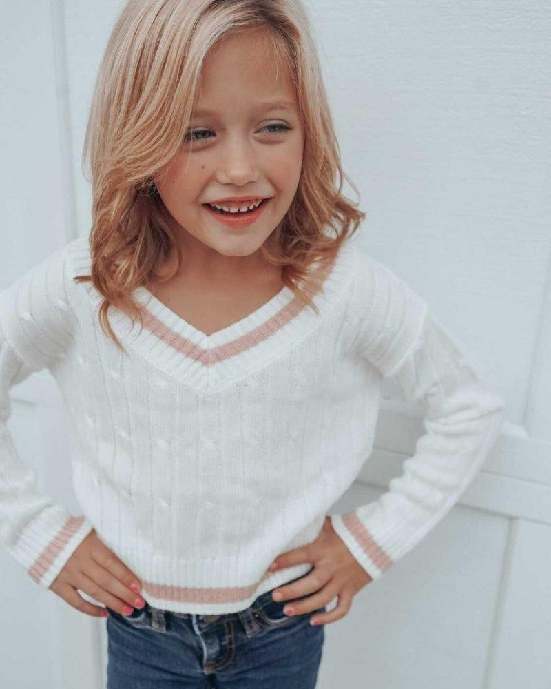 Kristina V-Neck Cable Knit Sweater - Pink Shimmer Stripe | Bailey's Blossoms