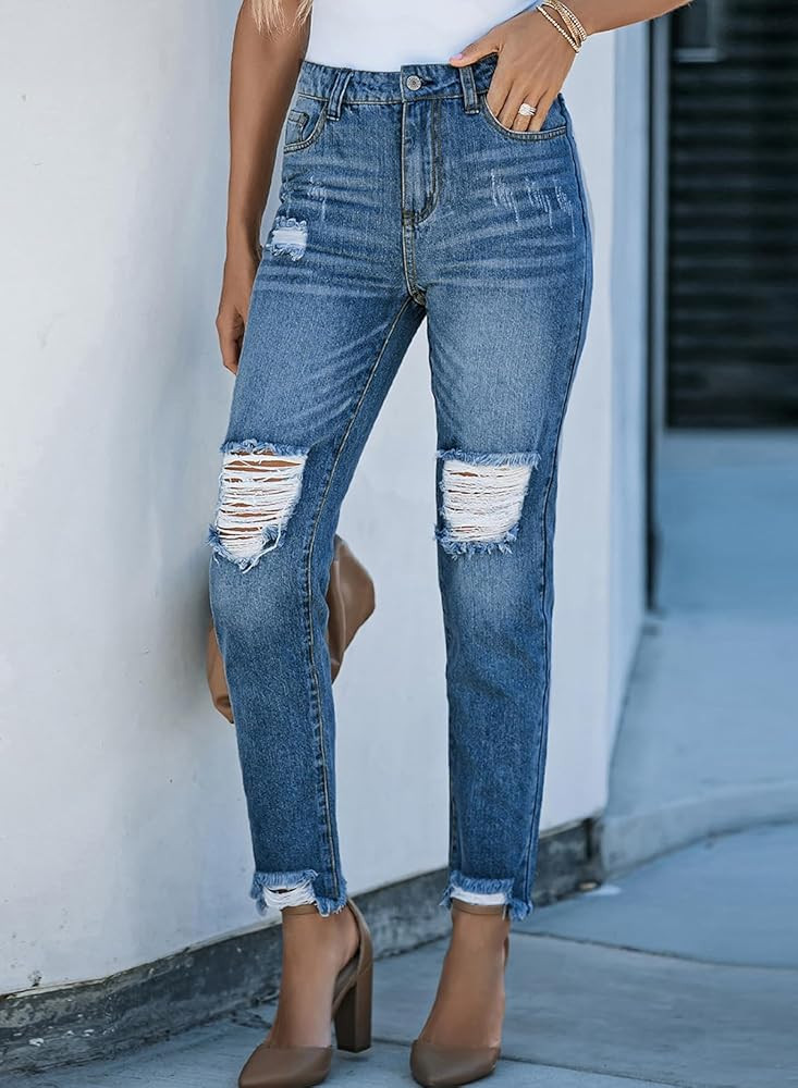 EVALESS Womens Jeans Mid Waisted Stretch Ripped Distressed Tummy Control Straight Ankle Jean for ... | Amazon (US)