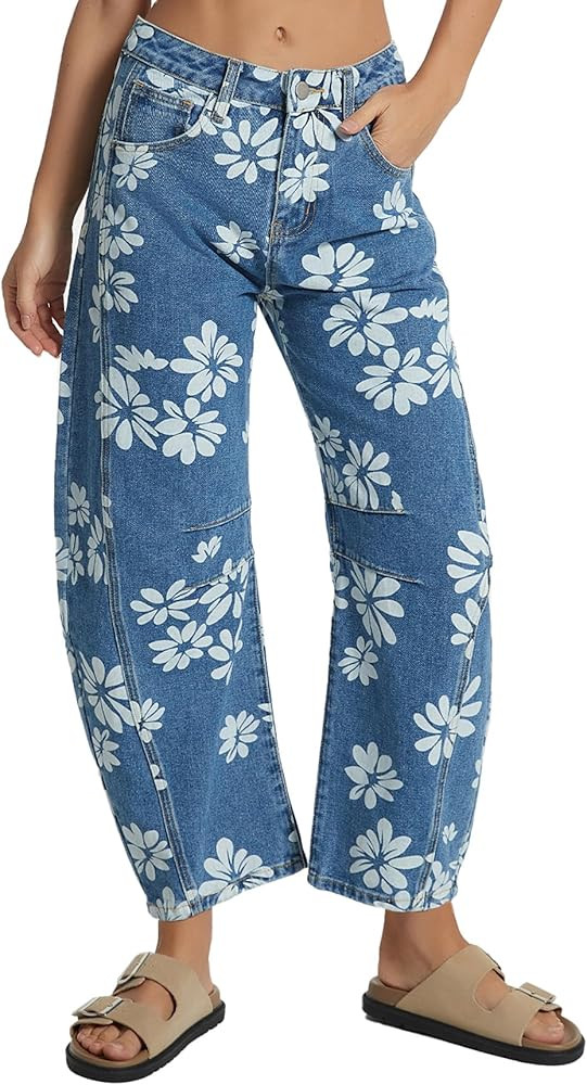 Kedera Women's Baggy Barrel Jeans Wide Leg Mid Rise Y2K Boyfriend Jeans Casual Floral Printed Ank... | Amazon (US)