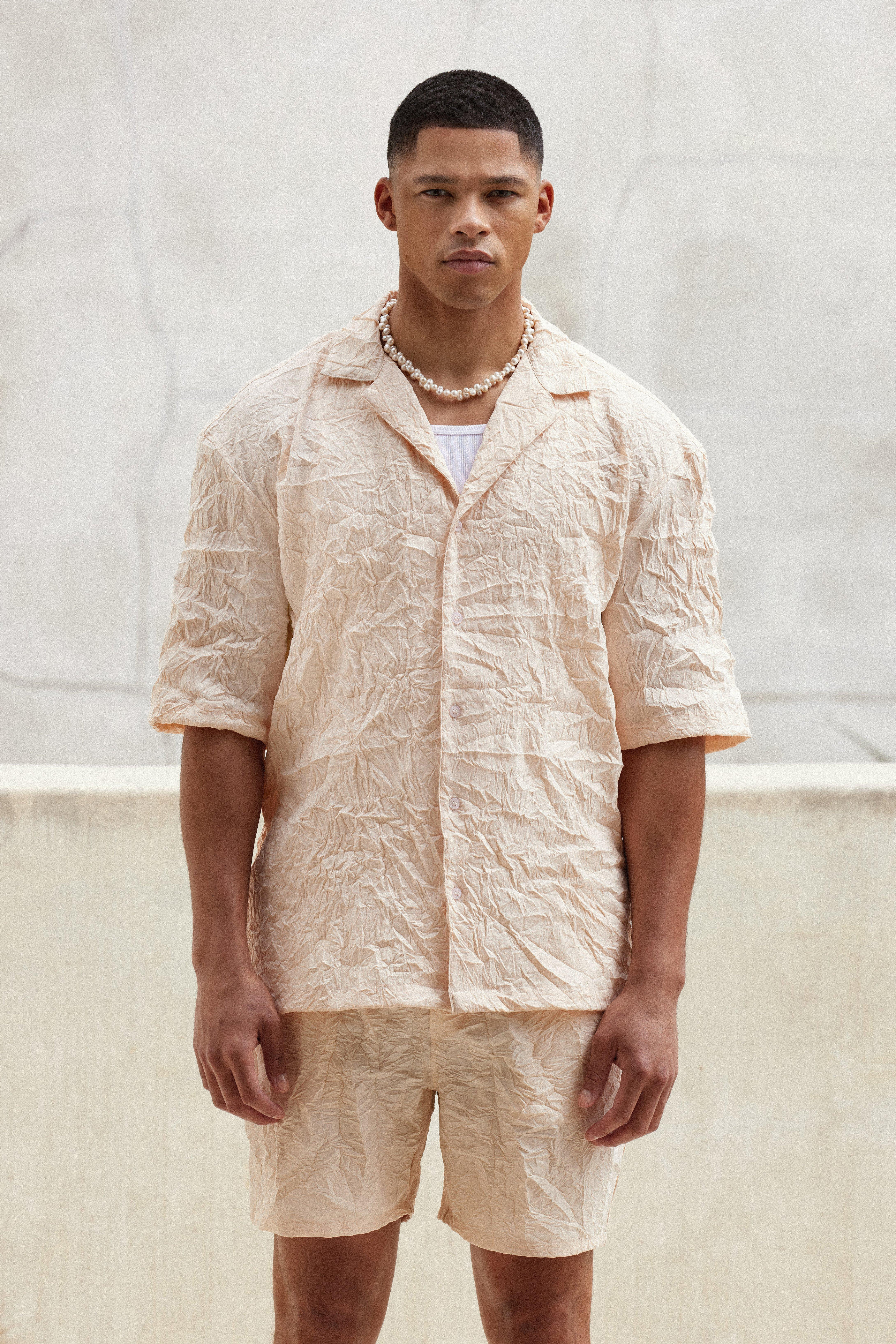 Short Sleeve Dropped Revere Crinkle Shirt And Short Set | boohooMAN (US & CA)