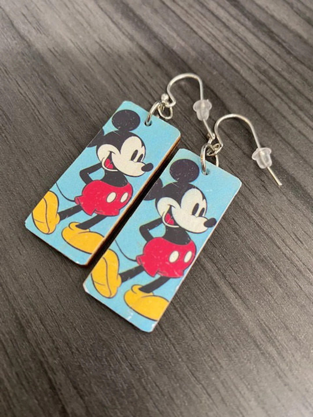 Vintage Mickey Mouse Earrings Image on BOTH SIDES Lightweight Wood Pendant with Sterling Silver F... | Etsy (US)