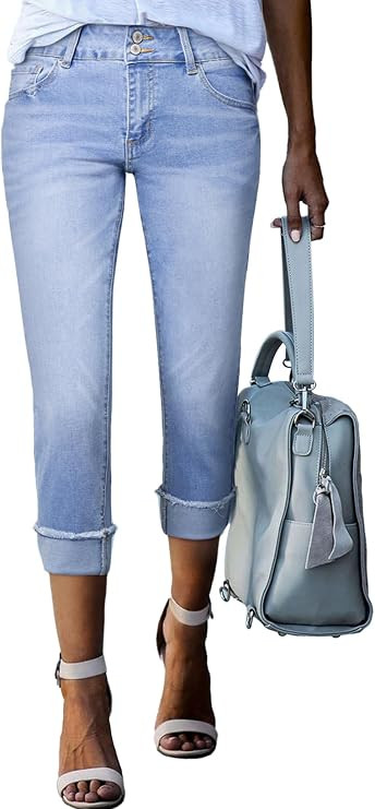 Sidefeel Women's Capri Jeans High Waisted Stretchy Roll-up Skinny Cuffed Cropped Zimbaplatinum Su... | Amazon (US)
