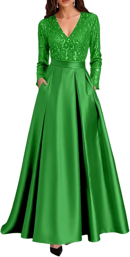 Cadoly Long Sleeve Satin Sequin Formal Dresses for Women 2025 V-Neck Ball Gown A-line Evening Gow... | Amazon (US)