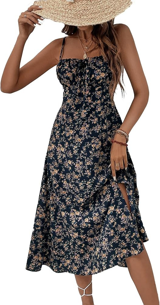BROVAVE Women's 2025 Summer Dress Floral Print Spaghetti Strap Square Neck Tie Front Smocked Midi... | Amazon (US)