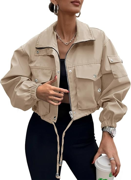 Womens Cropped Bomber Jacket 2026 Trendy Zip Up Lightweight Utility Anorak Coat With Pockets | Amazon (US)