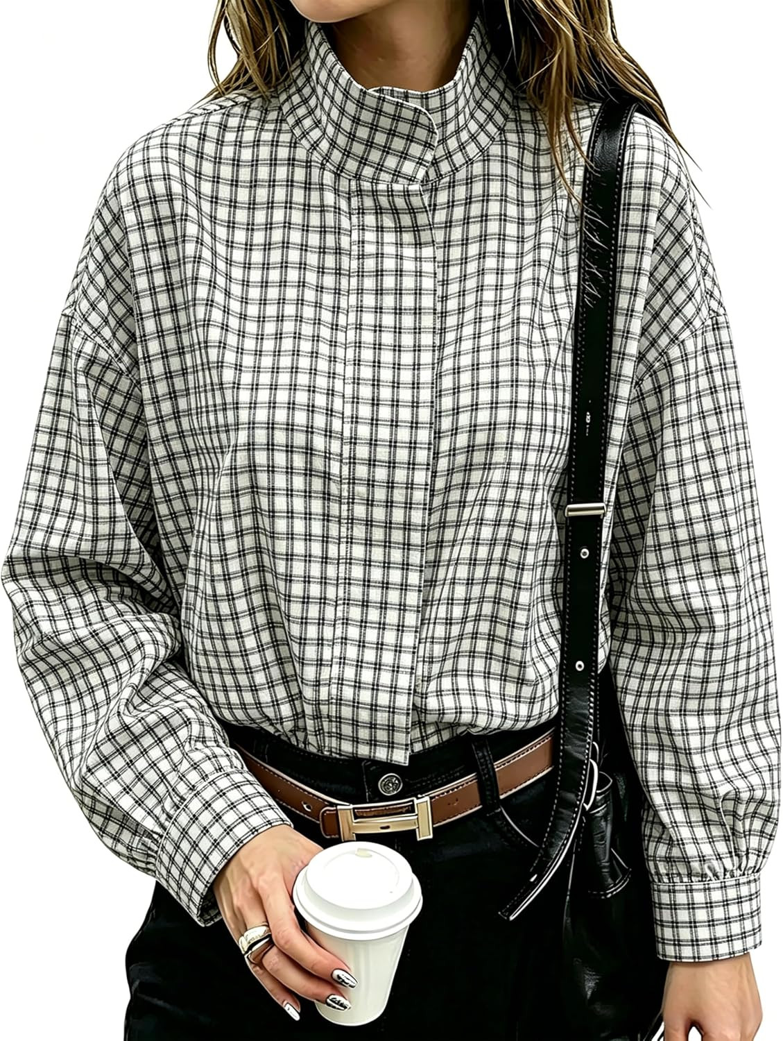 Women Oversized Cropped Gingham Jacket Zip Up Stand Collar with Batwing Sleeves Casual Coat Spring Fall | Amazon (US)