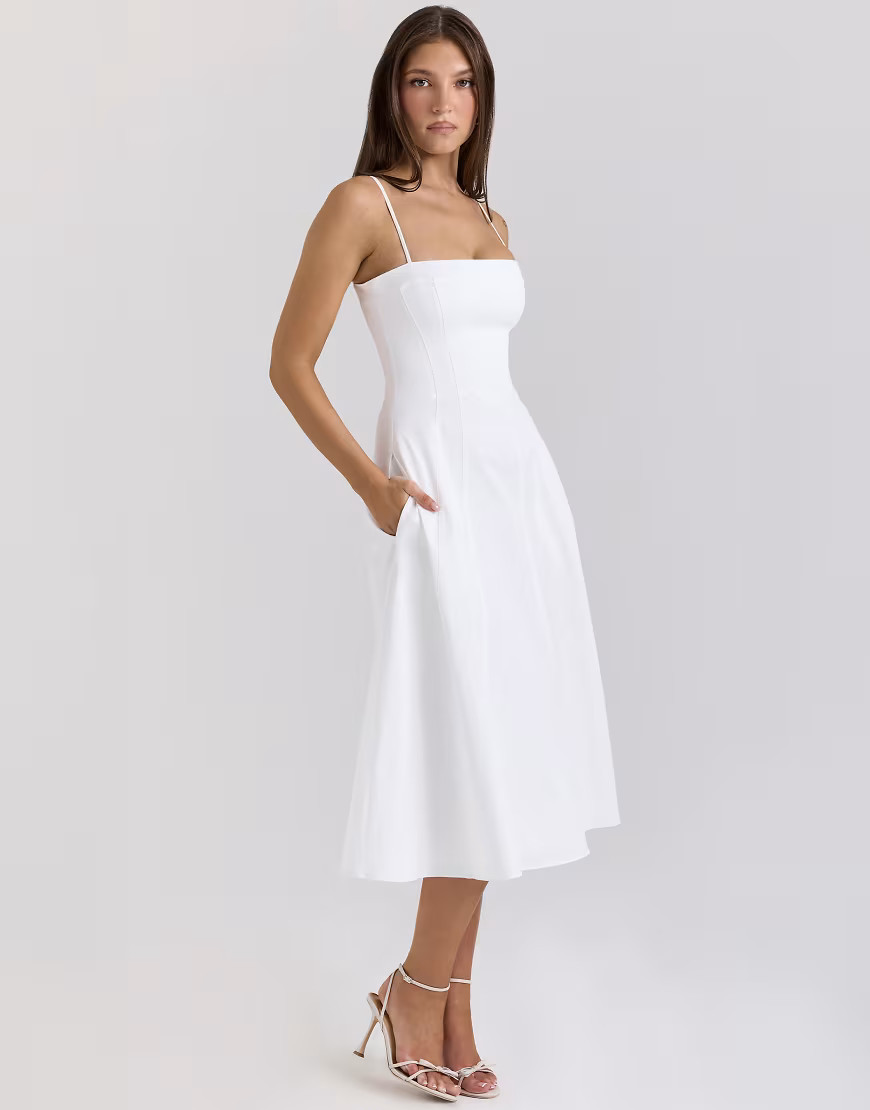 House of CB Dolly stretch cotton a-line midi sundress in white | ASOS (Global)