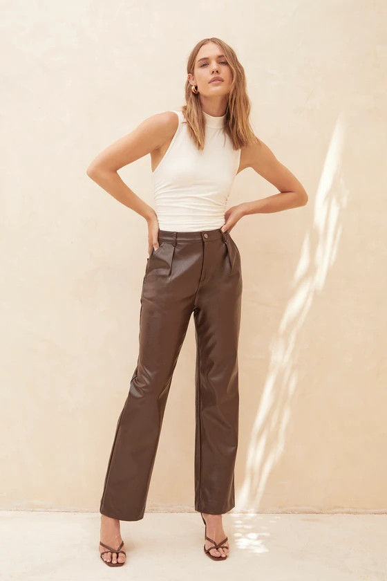 Check Your Vibe Dark Brown Vegan Leather High Rise Pants | Lulus (US)