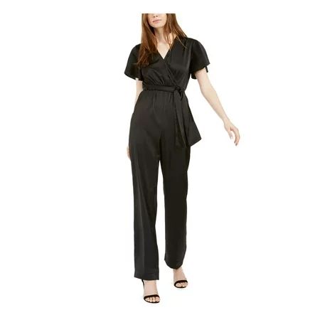 KENDALL + KYLIE Womens Black Belted Silk Short Sleeve V Neck Empire Waist Jumpsuit Size XL | Walmart (US)