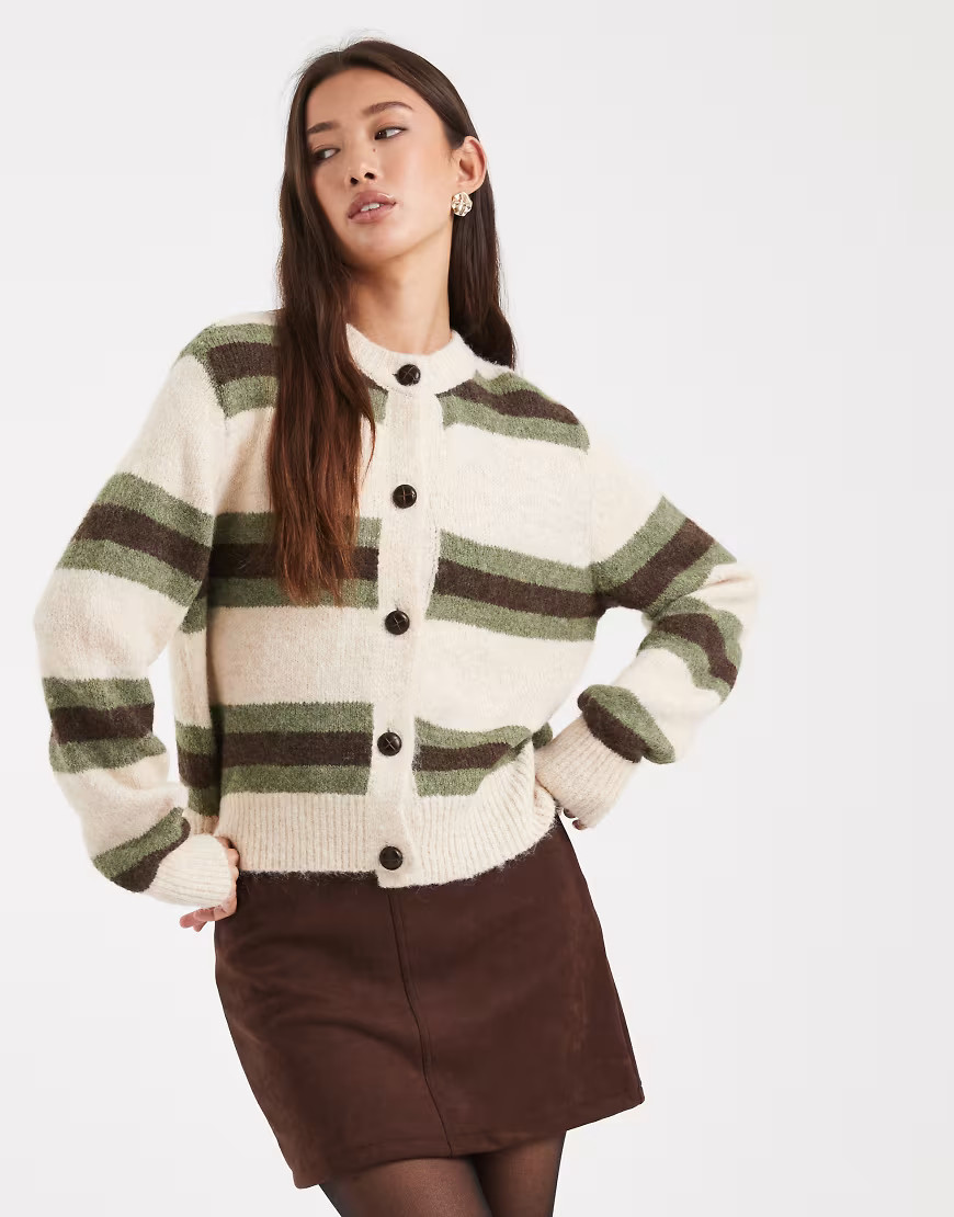 New Look stripe cardigan in khaki and cream-White | ASOS (Global)
