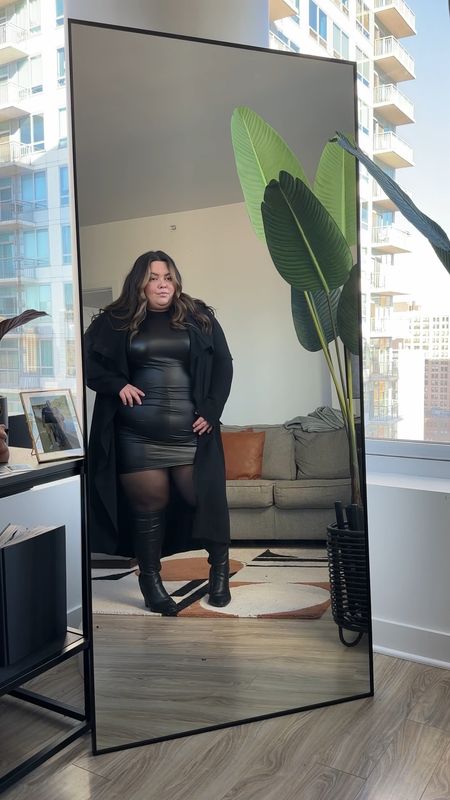 Plus size date night outfit from Rue 21 
Plus size faux leather dress size 2X 
Plus size tights size 2X 
Wide calf boots from Torrid 
Plus size duster 2X

#LTKsalealert #LTKunder50 #LTKcurves