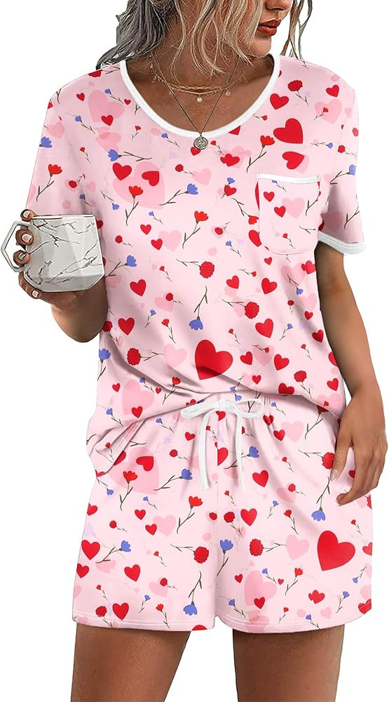 Ekouaer Pajama Set for Women 2 Piece Lounge Set Short Sleeve Tops and Shorts Soft Sleepwear, Ches... | Amazon (US)