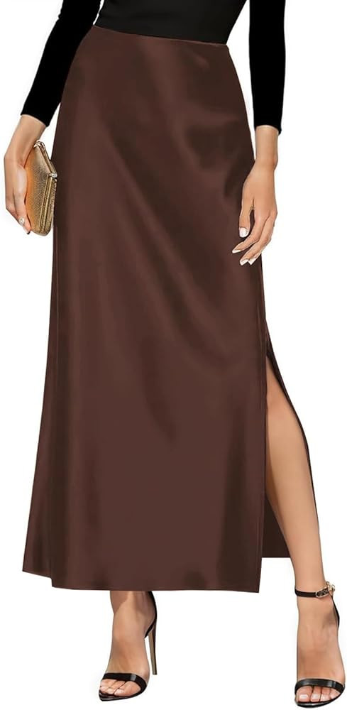 Women's Satin High Waisted Side Split Maxi Skirt Elastic Waistband Long Silk Skirts for Women | Amazon (US)