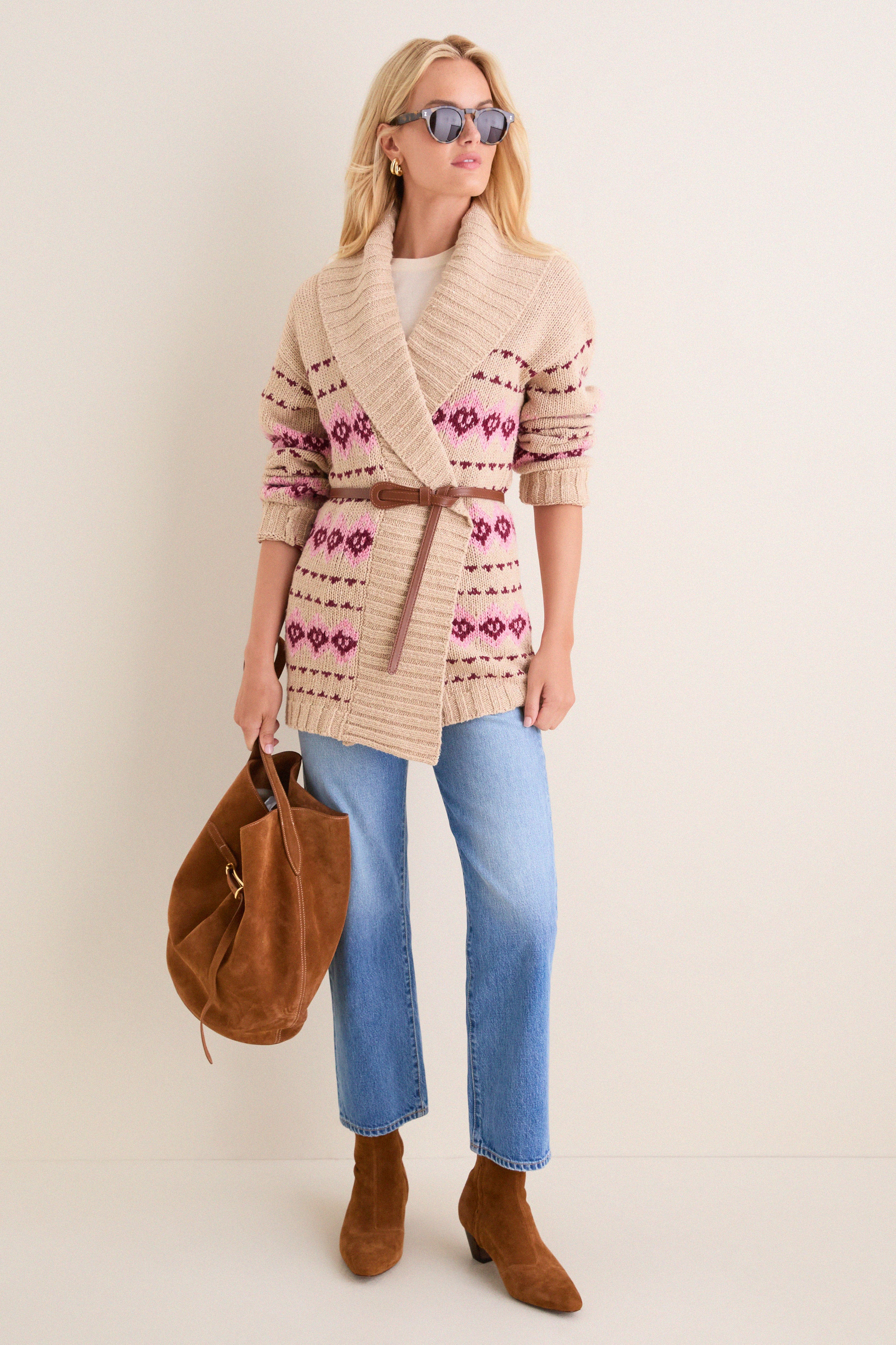 Tan & Pink Fair Isle Stowe Oversized Cardigan | Tuckernuck (US)