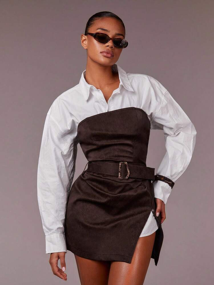 Vestido palabra de honor marrón con apertura | SHEIN