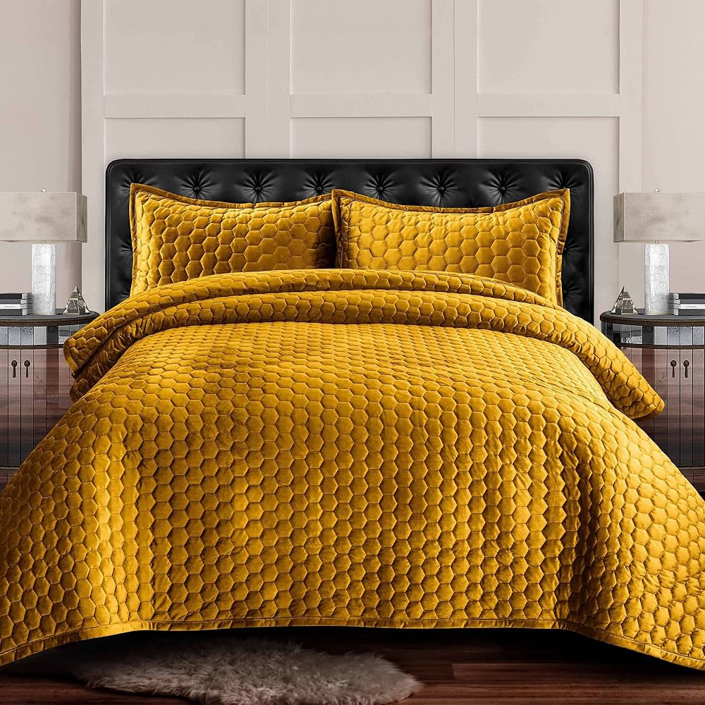 Tribeca Living Velvet King Quilt, Three-Piece Honeycomb Stitch Bedding Set Includes One Oversized... | Amazon (US)