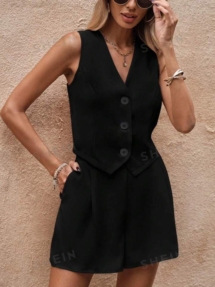 SHEIN LUNE Women'S Single Breasted Vest And Loose Shorts 2 Pieces Set | SHEIN