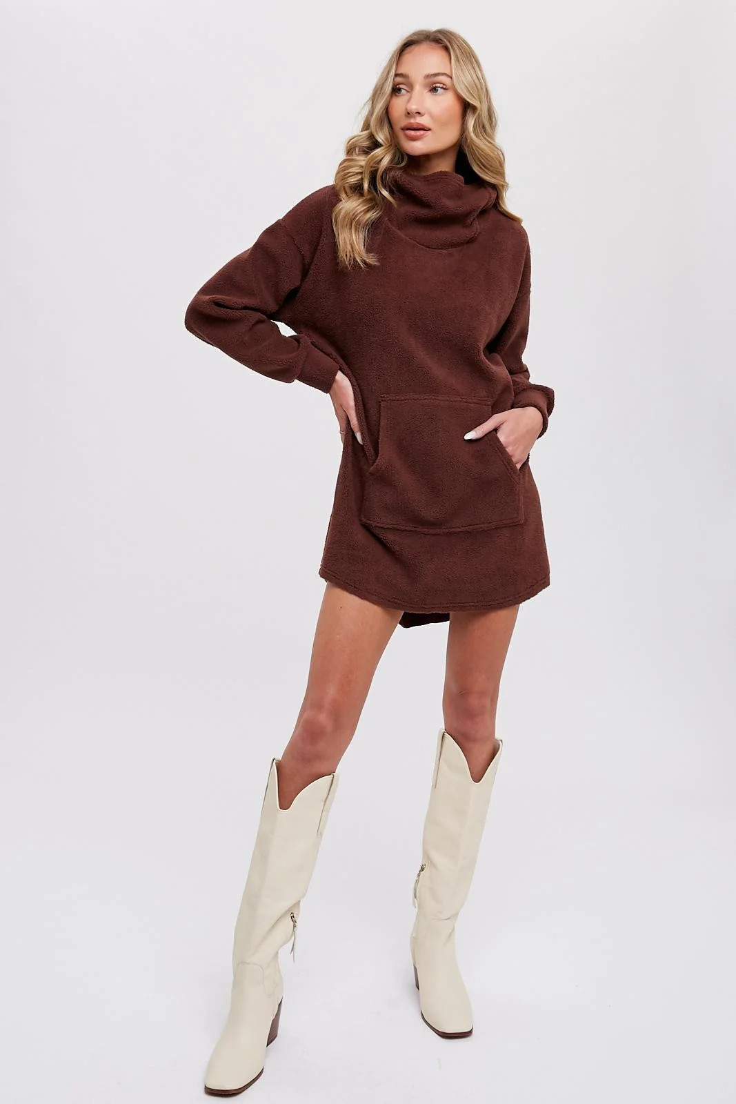 Brown Fleece Hooded Long Sweater | PinkBlush Maternity