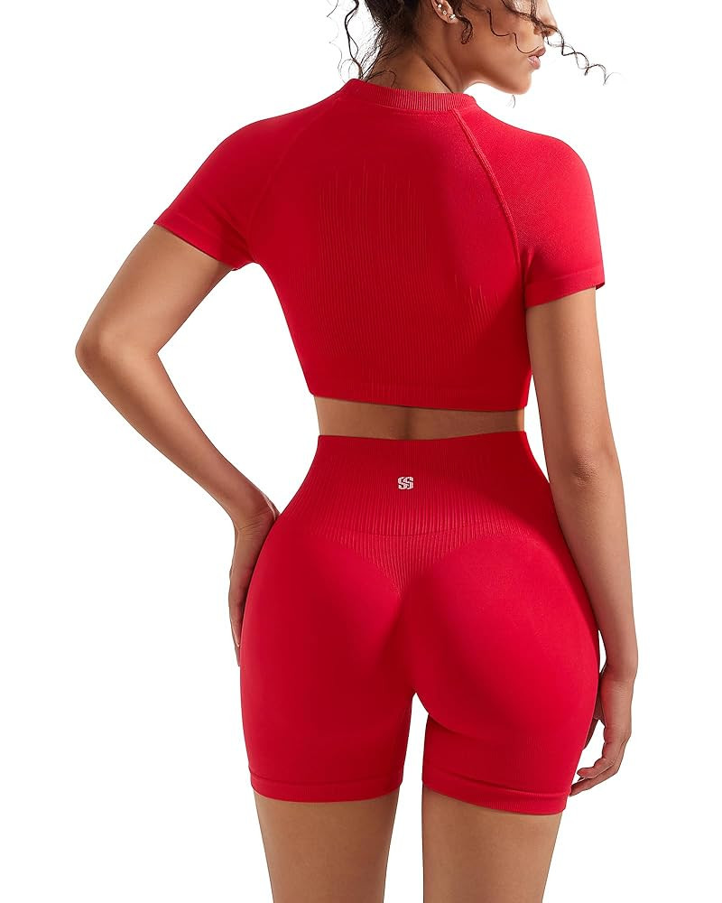 SUUKSESS Women 2 Piece Workout Sets Hidden Scrunch Butt Lifting Biker Shorts Short Sleeve Crop To... | Amazon (US)