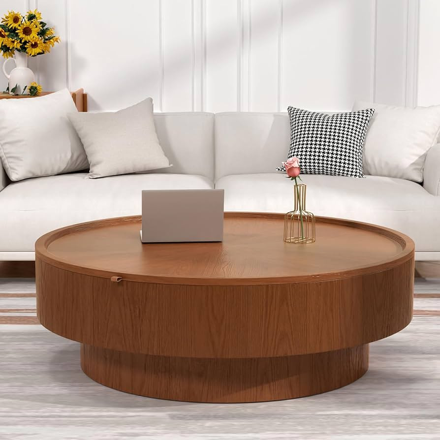 Round Drum Coffee Table with Storage, Modern Wooden Center Table with Solid Wood Veneer, Mid Cent... | Amazon (US)