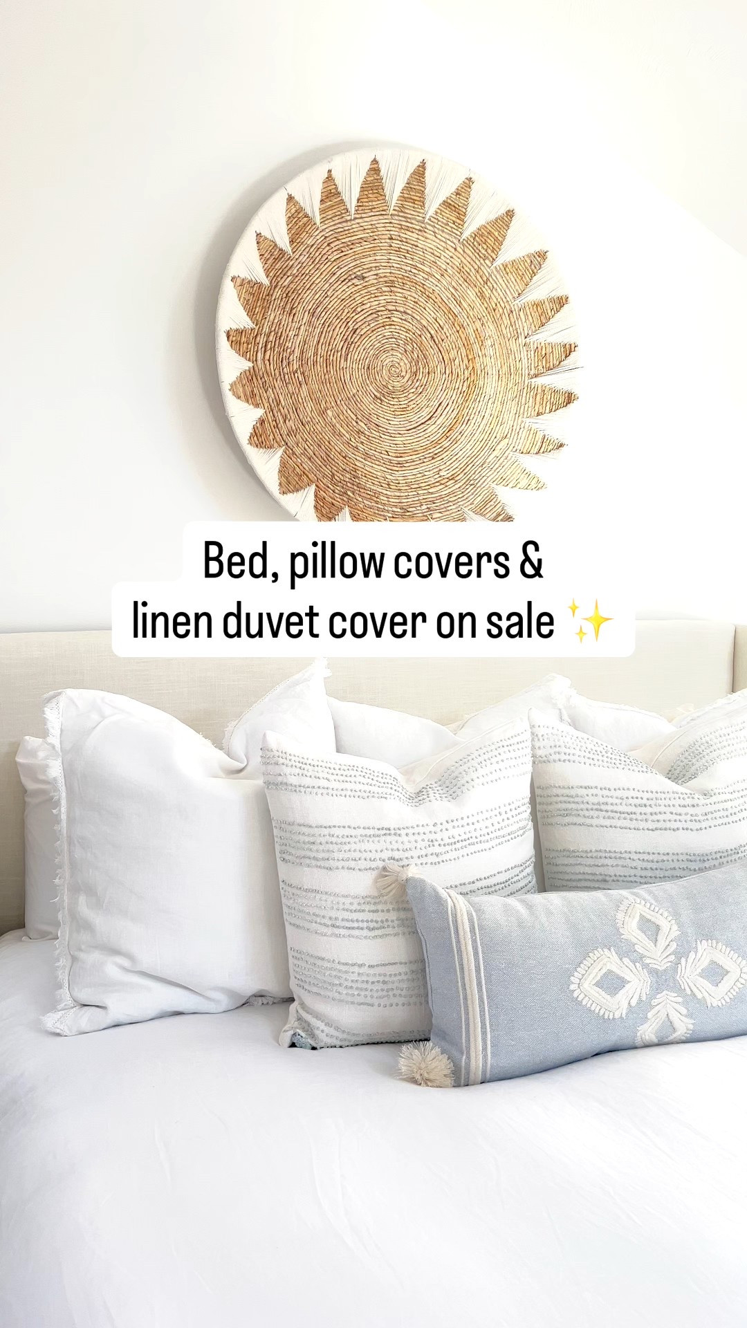 My bed, linen duvet cover & pillow covers are on sale right now! 
------ coastal bedroom decor, primary bedroom decor, coastal artwork, coastal boho art, art for above bed, wall decor for above bed, pottery barn wall baskets, bed pillows, bed pillow styling, amazon pillow covers, serena & lily pillow covers, blue & white pillow covers, white duvet covers, pottery barn duvet covers, linen duvet covers, coastal bedding, primary bedroom bedding, master bedroom decor, coastal bedroom ideas, upholstered bed, wayfair beds, king size beds, lumbar pillow, linen pillow covers

#LTKSaleAlert #LTKHome