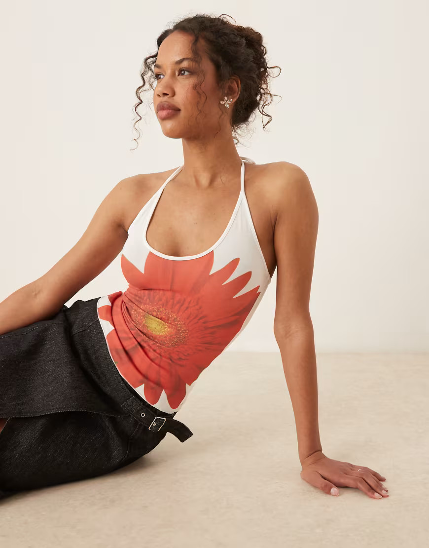 Tyler Mcgillivary gerbera flower bloom print halter top in white | ASOS (Global)