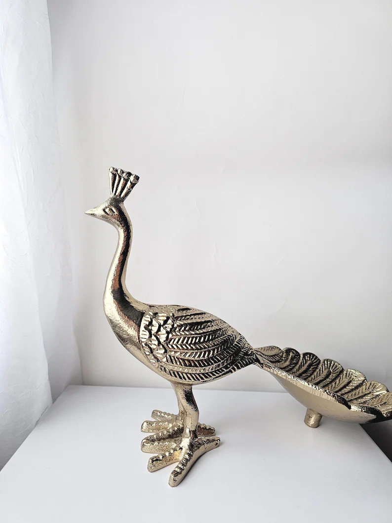 GOLD PEACOCK STATUE Golden Brass Figurine Ring Dish Trinket Gold Leaf Gold Foil Metallic Hollywoo... | Etsy (US)