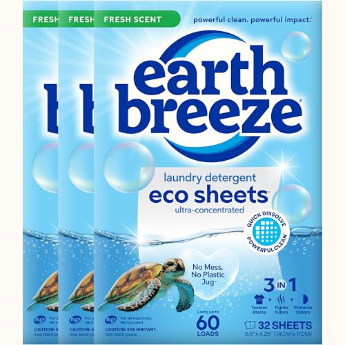 Earth Breeze Laundry Detergent Sheets Fresh Scent - 60 Loads per package. Eco Liquidless Soap - Travel-Friendly for Hot & Cold Cycles, Tackles Tough Stains & Odors - Gentle on Skin, 30 sheets (3 Pack) | Amazon (US)