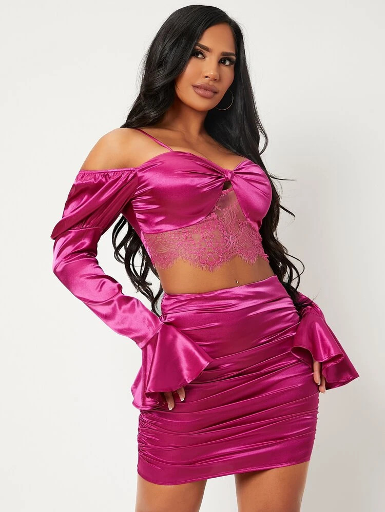 SHEIN SXY Contrast Lace Bell Sleeve Satin Top & Skirt Set | SHEIN