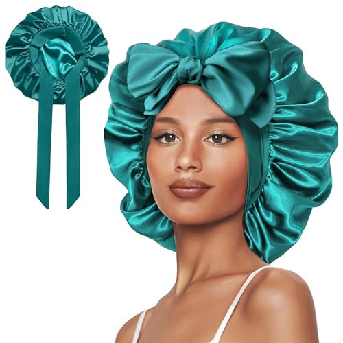 Vettres Hair Bonnet for Sleeping Satin Bonnet Silk Sleep Bonnets Double Layer Satin Bonnet with Tie Green | Amazon (US)