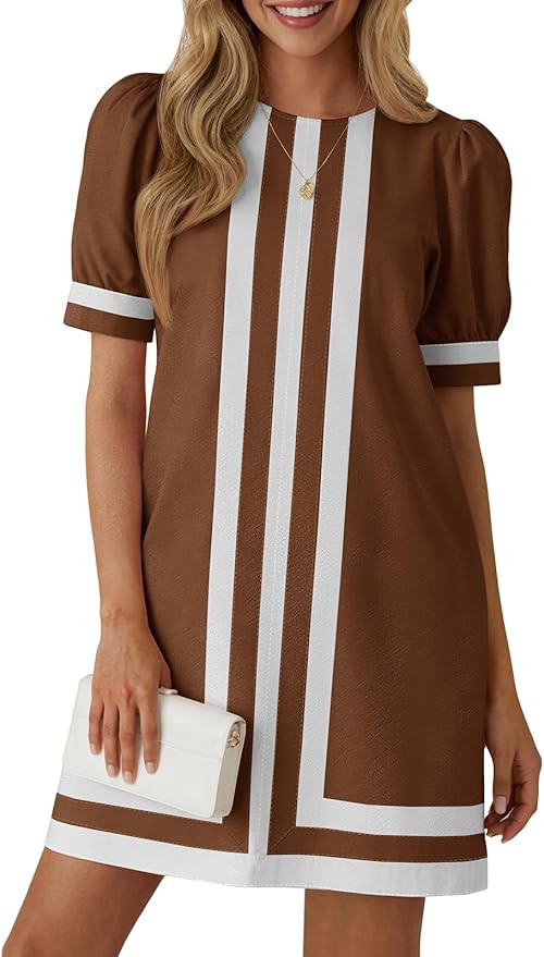 Wenrine Womens Puff Short Sleeve Mini Dress Summer Crewneck Striped Color Block Loose Casual Shif... | Amazon (US)